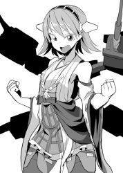 Rule 34 | 10s, 1girl, bare shoulders, detached sleeves, greyscale, hair ornament, hiei (kancolle), japanese clothes, kantai collection, ken (koala), looking at viewer, monochrome, nontraditional miko, open mouth, pantyhose, plaid, plaid skirt, short hair, simple background, skirt, smile, solo, thighhighs, turret, white background, zettai ryouiki