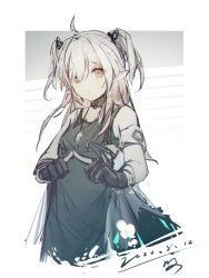 Rule 34 | 1girl, absurdres, ahoge, arknights, black gloves, clenched hands, gloves, green shirt, grey hair, hair between eyes, hands up, highres, long hair, looking at viewer, pointy ears, qiumoyixing, shirt, simple background, sleeveless, sleeveless shirt, solo, tomimi (arknights), two side up, upper body, white background, yellow eyes