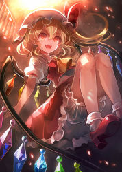 Rule 34 | 1girl, 60mai, :d, ascot, blonde hair, bloomers, commentary request, crystal, flandre scarlet, hair between eyes, hat, hat ribbon, knees up, light, light particles, looking at viewer, mob cap, open mouth, petticoat, puffy short sleeves, puffy sleeves, red eyes, red footwear, red ribbon, red skirt, red vest, ribbon, shoes, short hair, short sleeves, side ponytail, skirt, smile, socks, solo, touhou, underwear, v-shaped eyebrows, vest, white bloomers, white hat, white socks, wings, yellow ascot
