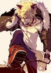 Rule 34 | 10s, 1boy, alternate costume, angry, animal ears, bakugou katsuki, bandages, blonde hair, boku no hero academia, boots, chain, clenched teeth, collar, fang, frown, full body, fur trim, glaring, halloween, hegi, jacket, male focus, pants, red eyes, shirt, simple background, spiked hair, tail, teeth, white background, white shirt, wolf ears, wolf tail