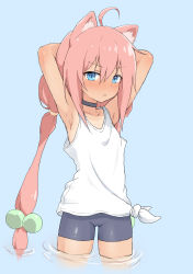 Rule 34 | 1girl, :o, absurdres, ahoge, animal ear fluff, animal ears, armpits, arms behind head, arms up, bare arms, bike shorts, black choker, black shorts, blue background, blue eyes, blush, cat ears, choker, collarbone, flat chest, hair between eyes, hair bobbles, hair ornament, highres, hinata channel, long hair, looking at viewer, low twintails, nekomiya hinata, nose blush, one-piece tan, pink hair, shirt, shorts, sidelocks, simple background, solo, standing, tan, tank top, tanline, tied shirt, twintails, v-shaped eyebrows, very long hair, virtual youtuber, wading, water, white shirt, yakihebi