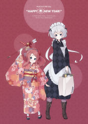 Rule 34 | 2girls, age difference, aged down, arrow (projectile), bag, blue eyes, boots, bow, commentary request, cross-laced footwear, flower, full body, geta, hair bow, hair flower, hair ornament, hamaya, happy new year, haya bs, height difference, high ponytail, highres, japanese clothes, kimono, knee boots, konno junko, lace-up boots, long hair, looking at viewer, low twintails, maid, minamoto sakura, multiple girls, new year, obi, okobo, paper bag, pink kimono, platform footwear, polka dot, polka dot bow, red hair, sandals, sash, twintails, wa maid, white hair, wide sleeves, zombie land saga