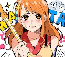 Rule 34 | 1girl, armor, bandaid, bandaid on face, bandaid on forehead, blush, bruise, chiya op, clima-tact, collarbone, hair ornament, holding, holding weapon, injury, japanese armor, japanese clothes, kimono, long hair, looking at viewer, nami (one piece), one piece, orange eyes, orange hair, red kimono, sparkle, upper body, weapon, zeus (one piece)