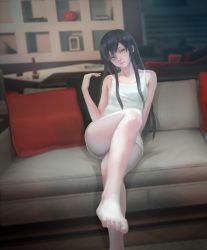 Rule 34 | 10s, 1girl, absurdres, aimee (emi), aimee (origin), bad id, bad pixiv id, barefoot, black hair, blue eyes, blurry, closed mouth, couch, counter (734671289), depth of field, dress, dutch angle, eyebrows, eyelashes, feet, framed, hair ribbon, head tilt, highres, indoors, leaning to the side, lips, long hair, looking at viewer, picture frame, pillow, ribbon, shelf, sitting, sleeveless, solo, table, white dress, yahari ore no seishun lovecome wa machigatteiru., yukinoshita yukino