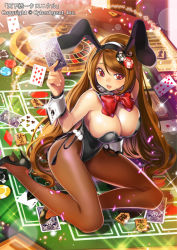 Rule 34 | 1girl, :d, ace (playing card), animal ears, arm support, bare shoulders, blush, board game, breasts, brown hair, brown pantyhose, card, casino, cleavage, company name, copyright name, detached collar, fake animal ears, full body, glint, glowing, hairband, hand up, high heels, highleg, highleg leotard, holding, holding card, indoors, large breasts, lens flare, leotard, light particles, long hair, long legs, looking at viewer, official art, open mouth, original, panties, pantyhose, pantyshot, playboy bunny, playing card, poker chip, popqn, rabbit ears, red eyes, roulette table, shoes, shogi, sitting, smile, solo, spade, sparkle, strapless, strapless leotard, swept bangs, table, tenka touitsu chronicle, underwear, very long hair, watermark, wrist cuffs
