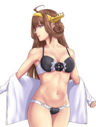 Rule 34 | 10s, 1girl, bare shoulders, black bra, blue eyes, bra, breasts, brown hair, collarbone, double bun, female focus, headgear, ishii hisao, kantai collection, kongou (kancolle), lingerie, long hair, long sleeves, looking to the side, medium breasts, midriff, navel, neck, open clothes, open mouth, open shirt, panties, round teeth, shirt, simple background, smile, solo, standing, stomach, teeth, underwear, undressing, very long hair, white background, white shirt