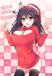 Rule 34 | 10s, 1girl, 2014, bad id, bad pixiv id, black hair, black thighhighs, breasts, brown eyes, checkered background, christmas, cleavage, cleavage cutout, clothing cutout, hat, kantai collection, large breasts, long hair, looking at viewer, meme attire, merry christmas, naigou, neneru, no pants, open-chest sweater, open mouth, rabbit, ribbed sweater, santa hat, solo, sweater, thighhighs, turtleneck, ushio (kancolle)