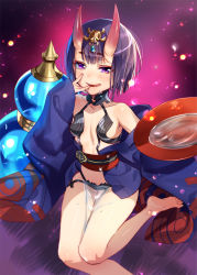 Rule 34 | 1girl, :q, alcohol, bob cut, breasts, cup, fang, fate/grand order, fate (series), highres, horns, looking at viewer, md5 mismatch, murakami yuichi, purple background, purple eyes, purple hair, resolution mismatch, sakazuki, sake, shuten douji (fate), shuten douji (first ascension) (fate), small breasts, solo, source smaller, tongue, tongue out