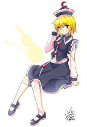 Rule 34 | 1girl, black footwear, black hat, black skirt, black vest, blonde hair, closed mouth, commentary, crescent, crescent hat ornament, frilled hat, frills, full body, hair between eyes, hand in own hair, hat, hat ornament, highres, instrument, kneehighs, long sleeves, looking at viewer, lunasa prismriver, shirt, short hair, signature, simple background, sitting, skirt, socks, solo, touhou, umigarasu (kitsune1963), vest, violin, white background, white shirt, white socks, yellow eyes