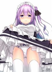 Rule 34 | 1girl, apron, apron lift, azur lane, black dress, blush, breasts, clothes lift, dress, dress lift, from below, hair bun, lifted by self, long hair, looking at viewer, looking down, maid, maid headdress, panties, purple eyes, purple hair, side ponytail, simple background, single hair bun, solo, thighhighs, thighs, underwear, unicorn (azur lane), usume shirou, white apron, white background, white panties, white thighhighs