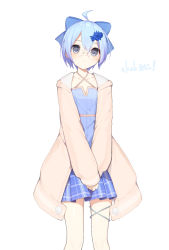 Rule 34 | 1girl, ahoge, blue hair, blue ribbon, breasts, buran buta, expressionless, gloves, hair between eyes, highres, jacket, light blue hair, original, ribbon, short hair, simple background, small breasts, solo, white background