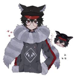 Rule 34 | 1boy, animal ears, animal hat, black hair, black hat, cabbie hat, chibi, chibi inset, closed mouth, coat, commentary request, facial mark, fake animal ears, fur-trimmed sleeves, fur collar, fur trim, glasses, grey coat, hat, long sleeves, looking at viewer, male focus, master detective archives: rain code, mikomi (90m5x), open mouth, paw print, red-framed eyewear, red eyes, round eyewear, short hair, simple background, solo, translation request, upper body, white background, zilch alexander