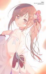 Rule 34 | 1girl, :p, absurdres, artist name, black bow, blue eyes, blue ribbon, blush, bow, brown hair, closed mouth, commentary request, hair between eyes, hand up, head tilt, highres, japanese clothes, kimono, kizuna ai, kizuna ai inc., long hair, long sleeves, looking at viewer, looking to the side, multicolored hair, pink hair, print kimono, ribbon, side ponytail, sidelocks, smile, solo, streaked hair, tongue, tongue out, torano, twitter username, virtual youtuber, watermark, web address, white kimono, yukata