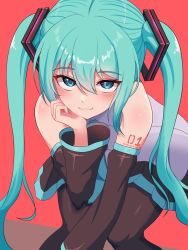 Rule 34 | 1girl, :3, bare shoulders, black thighhighs, blue eyes, blue hair, blush, detached sleeves, hatsune miku, highres, kumada gaon, long hair, looking at viewer, pleated skirt, skirt, solo, thighhighs, vocaloid