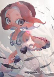 1girl agent_8_(splatoon) bodysuit brown_eyes brown_hair commentary_request copyright_name coral covered_mouth covered_navel dark-skinned_female dark_skin dual_wielding earrings grey_background gun highres holding holding_gun holding_weapon jewelry medium_hair mitamo1295701 nintendo octoling octoling_girl octoling_player_character order_dualies_(splatoon) sleeveless sleeveless_bodysuit solo splatoon_(series) splatoon_3 splatoon_3:_side_order tentacle_hair weapon white_bodysuit