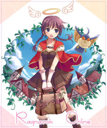 Rule 34 | 1girl, ahoge, angel wings, bag, bird, blue bird, blue eyes, blue sky, boots, braid, breasts, brown dress, brown footwear, brown hair, building, cape, church, cloud, copyright name, creator (ragnarok online), cross-laced footwear, day, dress, feet out of frame, filir (ragnarok online), fur-trimmed footwear, fur trim, gloves, halo, holding, holding bag, long hair, looking to the side, low twin braids, medium bangs, open mouth, plant, purple eyes, ragnarok online, red cape, skirt, sky, small breasts, smile, solo, twin braids, vines, white gloves, wings, wristband, yakka