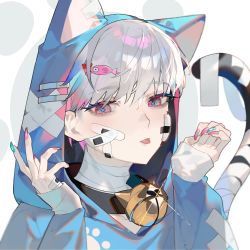 Rule 34 | 1boy, animal ears, bandaged neck, bandages, bandaid, bandaid on face, bell, blue hoodie, blue nails, cat boy, cat ears, cat tail, close-up, closed mouth, commentary, fish hair ornament, grey hair, hair ornament, hands up, highres, hood, hood up, hoodie, jingle bell, long hair, long sleeves, looking at viewer, male focus, mizumi zumi, multicolored nails, nail art, nail polish, neck bell, original, paw pose, pink eyes, pink nails, portrait, short hair, solo, tail, tongue, tongue out, white background