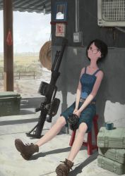 Rule 34 | 1girl, ammunition box, ankle boots, bare arms, bare shoulders, belt, black hair, boots, brown eyes, commentary request, crate, cup, dated, day, fence, glasses, grenade launcher, hallelujah zeng, hat, holding, magazine (weapon), military, original, outdoors, overalls, porch, rural, scope, short hair, signature, sitting, sky, solo, standing, stool, straw hat, unworn hat, unworn headwear, weapon