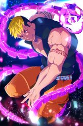 Rule 34 | 1boy, arm tattoo, bara, bare shoulders, black jacket, blonde hair, crow (siranui), feet out of frame, highres, jacket, large pectorals, male focus, multicolored hair, muscular, muscular male, orange pants, pants, pectoral cleavage, pectorals, red eyes, scar, scar across eye, scar on arm, scar on face, short hair, sideburns, sleeveless, sleeveless jacket, smirk, snake, solo, tattoo, onogami tetsuya, thick thighs, thighs, tokyo houkago summoners, two-tone hair, veins