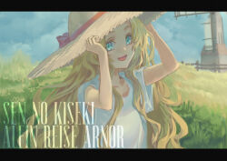 Rule 34 | alfin reise arnor, blonde hair, blue eyes, blue sky, character name, cloud, copyright name, eiyuu densetsu, field, grass, hat, holding, holding clothes, holding hat, horizon, irise ryouji, letterboxed, long hair, looking at viewer, open mouth, sen no kiseki, shirt, sky, straw hat, teeth, upper teeth only, white shirt, windmill