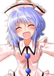 Rule 34 | 1girl, :d, ^ ^, blue hair, blush, breasts, collarbone, closed eyes, frilled shirt collar, frills, hair between eyes, hat, highres, long sleeves, medium breasts, merlin prismriver, open mouth, oshiaki, pink shirt, shirt, smile, solo, touhou, upper body