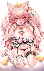 Rule 34 | 1girl, animal, animal ear fluff, animal ears, animal on head, asymmetrical legwear, azur lane, barefoot, bell, between breasts, bird, bird on head, black panties, blue eyes, blush, bow, bow bra, bra, breasts, bridal garter, can, character request, chick, claw pose, cleavage, collar, earrings, fang, fishnet legwear, fishnets, fox ears, frilled bra, frills, garter belt, garter straps, hair between eyes, heterochromia, highres, jewelry, jingle bell, large breasts, long hair, looking at viewer, manjuu (azur lane), nail polish, navel, neck bell, on head, open mouth, panties, pink hair, pink nails, sitting, solo, tongue, tongue out, underwear, uneven legwear, very long hair, wariza, yellow eyes, zerocat