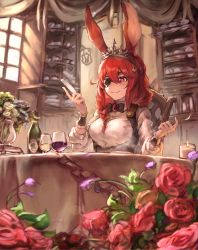 Rule 34 | 1girl, :3, absurdres, alcohol, animal ears, bad id, bad pixiv id, bottle, bow, bowtie, braid, cup, drinking glass, eyepatch, flower, fork, gem, grey bow, grey bowtie, hair between eyes, hair ornament, heart, heart-shaped pupils, highres, holding, holding fork, holding knife, knife, long hair, long sleeves, na (oagenosuke), one eye covered, original, pink eyes, plant, potted plant, rabbit ears, rabbit hair ornament, red hair, rose, shirt, sitting, smile, solo, symbol-shaped pupils, table, tiara, vest, white shirt, wine, wristband