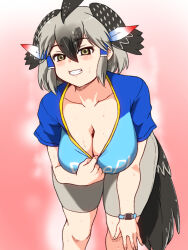Rule 34 | 1girl, alternate breast size, bent over, bike shorts, bird girl, bird tail, bird wings, black hair, blush, breasts, clothes writing, collarbone, downblouse, greater roadrunner (kemono friends), grey hair, grin, hair between eyes, hair tubes, hand up, head wings, highres, isna (footprintsofisna), kemono friends, kemono friends 2, large breasts, looking at viewer, medium hair, multicolored hair, naughty face, necktie, print necktie, shirt, short sleeves, smile, solo, sweat, t-shirt, tail, teasing, wings, yellow eyes