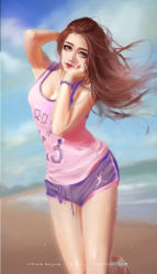 Rule 34 | 1girl, absurdres, artist name, bracelet, breasts, brown eyes, brown hair, cleavage, commentary, dated, detached sleeves, drawstring, english commentary, english text, highres, jewelry, lips, long sleeves, looking at viewer, mars foong, medium breasts, original, pink shirt, purple shorts, shirt, shorts, solo, speedpaint, sportswear