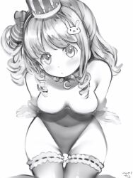 Rule 34 | 1girl, bare shoulders, blush, breasts, closed mouth, covered navel, crescent, crescent necklace, crown, from above, greyscale, head tilt, highleg, highleg leotard, highres, himemori luna, hololive, jewelry, leotard, long hair, looking at viewer, medium breasts, monochrome, nanashi (nlo), necklace, one side up, oversized breast cup, simple background, sitting, solo, thigh gap, thighhighs, virtual youtuber, white background