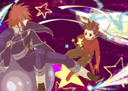 Rule 34 | 00s, 2boys, age difference, belt, bodysuit, boots, brown eyes, brown hair, buttons, father and son, gloves, happy, kratos aurion, lloyd irving, male focus, multiple boys, open mouth, pants, profile, ribbon, shoes, short hair, sitting, smile, space, spiked hair, star (symbol), suspenders, sword, tales of (series), tales of symphonia, weapon, zenraikuji