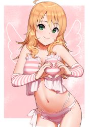 Rule 34 | 1girl, bare shoulders, blonde hair, bra, breasts, commentary request, detached sleeves, green eyes, hair between eyes, heart, heart-shaped boob challenge, heart hands, hoshii miki, idolmaster, idolmaster (classic), lingerie, long hair, looking at viewer, medium breasts, nail polish, navel, panties, pettan p, pink nails, smile, solo, stomach, striped bra, striped clothes, striped panties, striped sleeves, underwear, underwear only