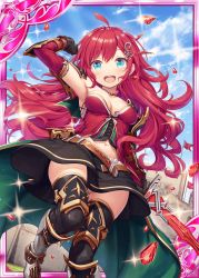 Rule 34 | 1girl, akkijin, belt, blue eyes, breasts, brown gloves, cape, card (medium), cleavage, gloves, green cape, hair ornament, holding, holding sword, holding weapon, looking at viewer, looking down, medium breasts, official art, red hair, shinkai no valkyrie, sword, thighhighs, weapon
