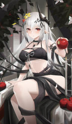 Rule 34 | 1girl, absurdres, apple, arknights, bai shiro@, bikini, bitten apple, black bikini, breasts, candlestand, demon horns, ear piercing, feet up, food, food bite, fruit, grey hair, hair ornament, highres, holding hands, horns, jewelry, long hair, looking at viewer, material growth, medium breasts, mudrock (arknights), necklace, official alternate costume, oripathy lesion (arknights), piercing, red eyes, sitting, solo, stomach, swimsuit, underboob