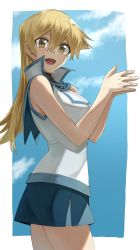 Rule 34 | 1girl, :d, black shirt, blonde hair, blue skirt, blue sky, border, breasts, cloud, cowboy shot, floating hair, hair between eyes, highres, jacket, long hair, looking at viewer, medium breasts, miniskirt, open mouth, outside border, own hands together, rourou ill, shirt, skirt, sky, sleeveless, sleeveless jacket, sleeveless shirt, smile, solo, standing, straight hair, tenjouin asuka, turtleneck, white border, white jacket, yellow eyes, yu-gi-oh!, yu-gi-oh! gx