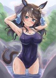Rule 34 | 1girl, animal ears, aqua eyes, armpits, arms up, black hair, blue one-piece swimsuit, blue ribbon, blurry, blurry background, blurry foreground, blush, breasts, cleavage, closed mouth, collarbone, colored inner animal ears, commentary request, competition school swimsuit, cowboy shot, daring tact (umamusume), day, depth of field, dot nose, dripping, drying, gluteal fold, groin, hair ornament, hair ribbon, highres, holding, holding towel, horse ears, horse girl, horse tail, large breasts, linea alba, medium hair, mountainous horizon, multicolored hair, navel, one-piece swimsuit, onsen, outdoors, ribbon, rio (lio yuzu), rock, school swimsuit, scowl, sideboob, sidelocks, simple background, single vertical stripe, sketch, sky, smile, solo, standing, star (symbol), star hair ornament, streaked hair, swimsuit, tail, thighs, towel, tracen training uniform, tree, two-tone hair, umamusume, v-shaped eyebrows, wading, wet, wet hair, white hair