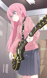 Rule 34 | 1girl, blue eyes, blush, bocchi the rock!, closed mouth, copyright request, cube hair ornament, electric guitar, gotoh hitori, grey skirt, guitar, hair ornament, instrument, ixy, long hair, pink hair, skirt, solo, tagme