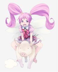 Rule 34 | 10s, 1girl, bad id, bad pixiv id, barefoot, bow, d:, dress, fairy, fairy wings, gdgd fairies, hayyan, highres, long hair, open mouth, pig, pikupiku, pink dress, pink eyes, pink hair, purple eyes, purple hair, purple theme, riding, solo, twintails, wings