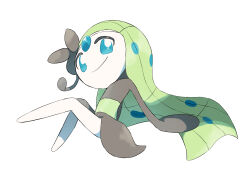 Rule 34 | 1other, arm support, blue eyes, creatures (company), forehead jewel, game freak, gen 5 pokemon, green hair, hair ornament, kayama yosi (yosiyosi), legendary pokemon, legs, long hair, looking at viewer, meloetta, multicolored hair, mythical pokemon, nintendo, pokemon, pokemon (creature), sitting, skirt, smile, spotted hair, two-tone hair, white background