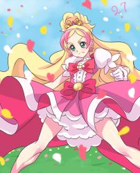 Rule 34 | 1girl, blonde hair, bow, brooch, chocokin, cure flora, fighting stance, gloves, go! princess precure, green eyes, haruno haruka, jewelry, legs apart, long hair, magical girl, multicolored hair, petals, pink bow, pink hair, pink skirt, precure, puffy sleeves, red bow, serious, skirt, solo, spread legs, standing, streaked hair, two-tone hair, waist bow, white gloves