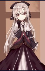 Rule 34 | 1girl, arm at side, black dress, black gloves, bow, brown eyes, dress, frilled cuffs, gloves, hair bow, hand up, heavens thunder (byakuya-part2), light brown hair, long hair, looking at viewer, original, smile, solo, standing, very long hair