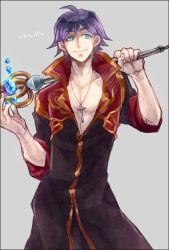 1boy, ahoge, bangs, black coat, blue eyes, brown pants, closed mouth, coat, commentary request, cowboy shot, cross, cross necklace, eyebrows visible through hair, grey background, holding, holding staff, ice, jewelry, looking to the side, magic, male focus, necklace, open clothes, open coat, pants, piyomaru029, priest (ragnarok online), purple hair, ragnarok online, red coat, short hair, simple background, sleeves rolled up, smile, solo, staff, translation request, two-tone coat
