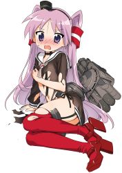 Rule 34 | 1girl, alternate hairstyle, amatsukaze (kancolle), amatsukaze (kancolle) (cosplay), arm support, black dress, black hairband, blush, commentary request, cosplay, crying, crying with eyes open, dress, embarrassed, full body, garter straps, grey neckerchief, hair tubes, hairband, hat, highres, hiiragi kagami, hotaru iori, ichimi renge, kantai collection, lifebuoy ornament, linea alba, long hair, long sleeves, looking at viewer, lucky star, mini hat, navel, neckerchief, open mouth, purple eyes, purple hair, red thighhighs, rigging, rudder footwear, sailor collar, sailor dress, second-party source, short dress, simple background, sitting, solo, striped clothes, striped thighhighs, tears, thighhighs, torn clothes, torn dress, torn thighhighs, two side up, very long hair, white background, white sailor collar
