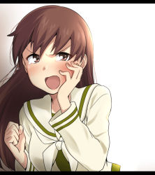 Rule 34 | &gt;:d, 10s, 1girl, :d, angry, blunt bangs, blush, brown hair, clenched hand, gradient background, hand on own cheek, hand on own face, ikari manatsu, kantai collection, letterboxed, long hair, looking at viewer, neckerchief, ooi (kancolle), open mouth, remodel (kantai collection), school uniform, serafuku, smile, solo, tearing up, upper body, v-shaped eyebrows
