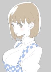Rule 34 | 1girl, absurdres, bad id, bad twitter id, breasts, brown hair, cleavage, closed mouth, collared shirt, donguri suzume, from side, grey background, highres, large breasts, looking at viewer, looking to the side, pale color, puffy sleeves, shirt, short hair, simple background, solo, upper body, wing collar