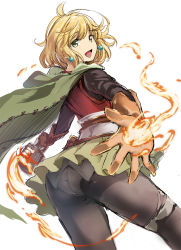 Rule 34 | 10s, 1girl, :d, ass, belt, blonde hair, cape, earrings, fire, gloves, granblue fantasy, green eyes, highres, jewelry, long sleeves, looking at viewer, looking back, nashiru, nashiru (kuusou banana), open mouth, panties, panties under pantyhose, pantyhose, pantyshot, pleated skirt, short hair, simple background, skirt, smile, solo, teena (granblue fantasy), underwear, white background