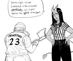 Rule 34 | 1boy, 1girl, axe, bad id, basketball uniform, bb (baalbuddy), beard, blank eyes, commentary, demon girl, demon horns, demon tail, dwarf, english commentary, english text, facial hair, greyscale, hands on own hips, headband, height difference, highres, holding, holding axe, horns, inactive account, medium hair, monochrome, no pupils, original, pants, referee, shirt, simple background, skin-covered horns, sportswear, striped clothes, striped shirt, sweat, tail, whistle, whistle around neck, white background