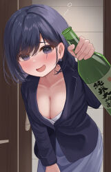 Rule 34 | 1girl, :d, black hair, black jacket, blush, bottle, commentary request, dress, grey dress, hair between eyes, hand up, highres, holding, holding bottle, jacket, long sleeves, looking at viewer, mimikaki (men bow), nose blush, open mouth, original, purple eyes, smile, solo