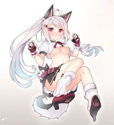Rule 34 | 1girl, absurdres, ahoge, animal ears, ass, azur lane, belt, belt buckle, blush, braid, breasts, buckle, claw pose, closed mouth, commentary request, convenient leg, cosplay, crop top, crop top overhang, fake animal ears, fingerless gloves, frown, full-face blush, full body, gloves, hair ornament, hairclip, high heels, highres, invisible chair, long hair, looking at viewer, medium breasts, miniskirt, multicolored nails, nail polish, navel, necktie, no bra, nose blush, original, paw print, pleated skirt, ponytail, puffy short sleeves, puffy sleeves, red eyes, school uniform, serafuku, shirono mirai, shirt, shoe soles, short sleeves, side ponytail, silver hair, simple background, single braid, sitting, skirt, solo, stuffed wolf, tail, underboob, white background, white shirt, wolf ears, wolf tail, yuudachi (azur lane), zero (miraichizu)