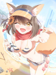 Rule 34 | animal ear fluff, animal ears, applepie (12711019), beach, bikini, bikini under clothes, black hair, blue archive, blue hat, breasts, cleavage, collarbone, commentary, double popsicle, fang, flower, food, fox ears, fox tail, hair flower, hair ornament, hat, highres, izuna (blue archive), izuna (swimsuit) (blue archive), medium breasts, medium hair, navel, ocean, one eye closed, popsicle, scarf, scrunchie, shorts, striped bikini, striped clothes, striped scrunchie, sunflower, sunflower hair ornament, swimsuit, tail, visor cap, yellow eyes, yellow hat